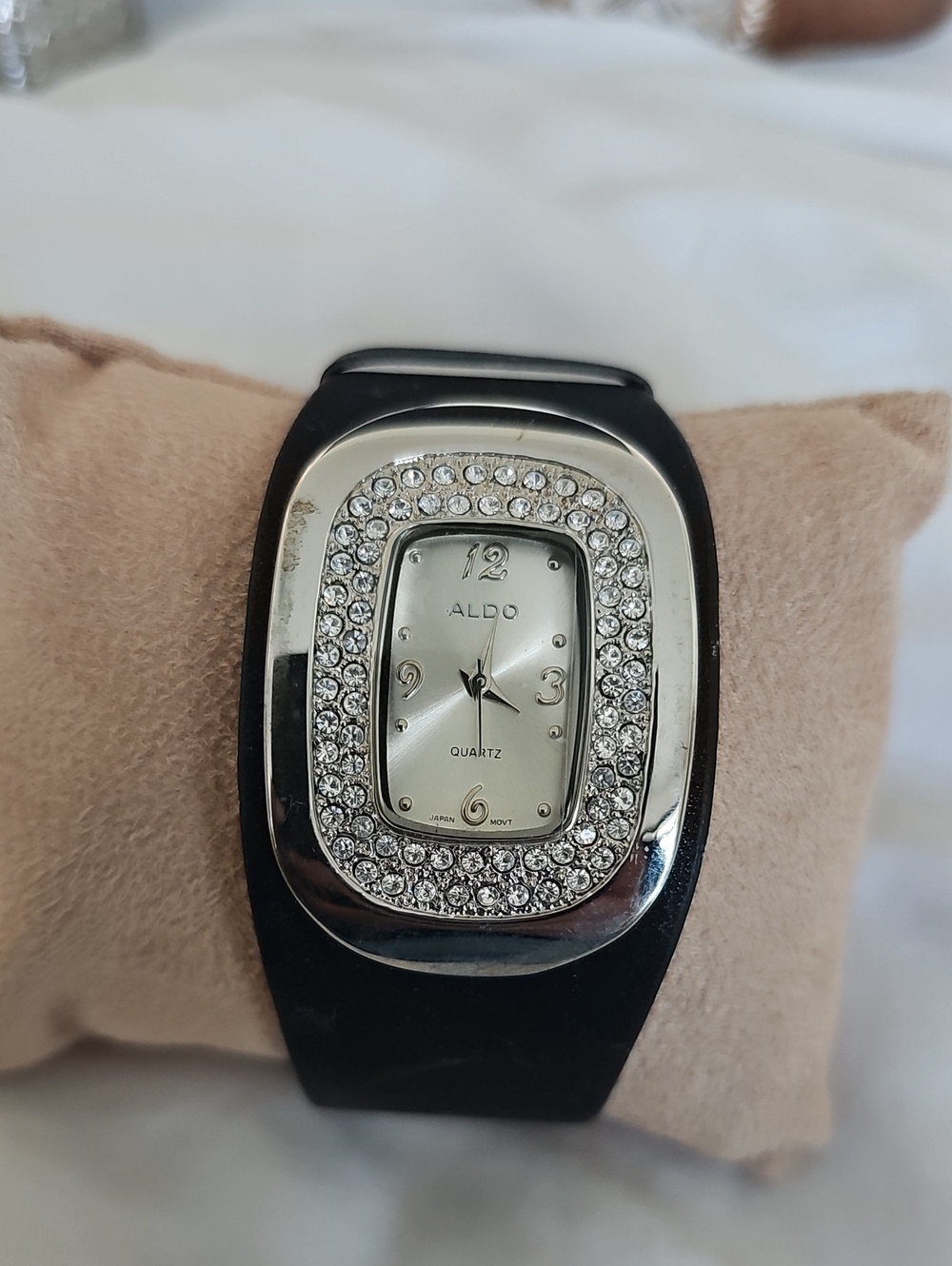 Aldo Black Band Watch with Crystal-Studded Silver Bezel